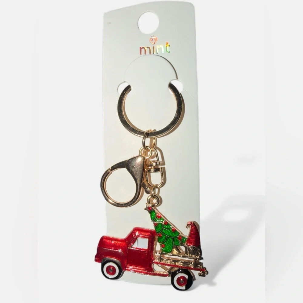 Mint Red Truck Keychain with Green Tree